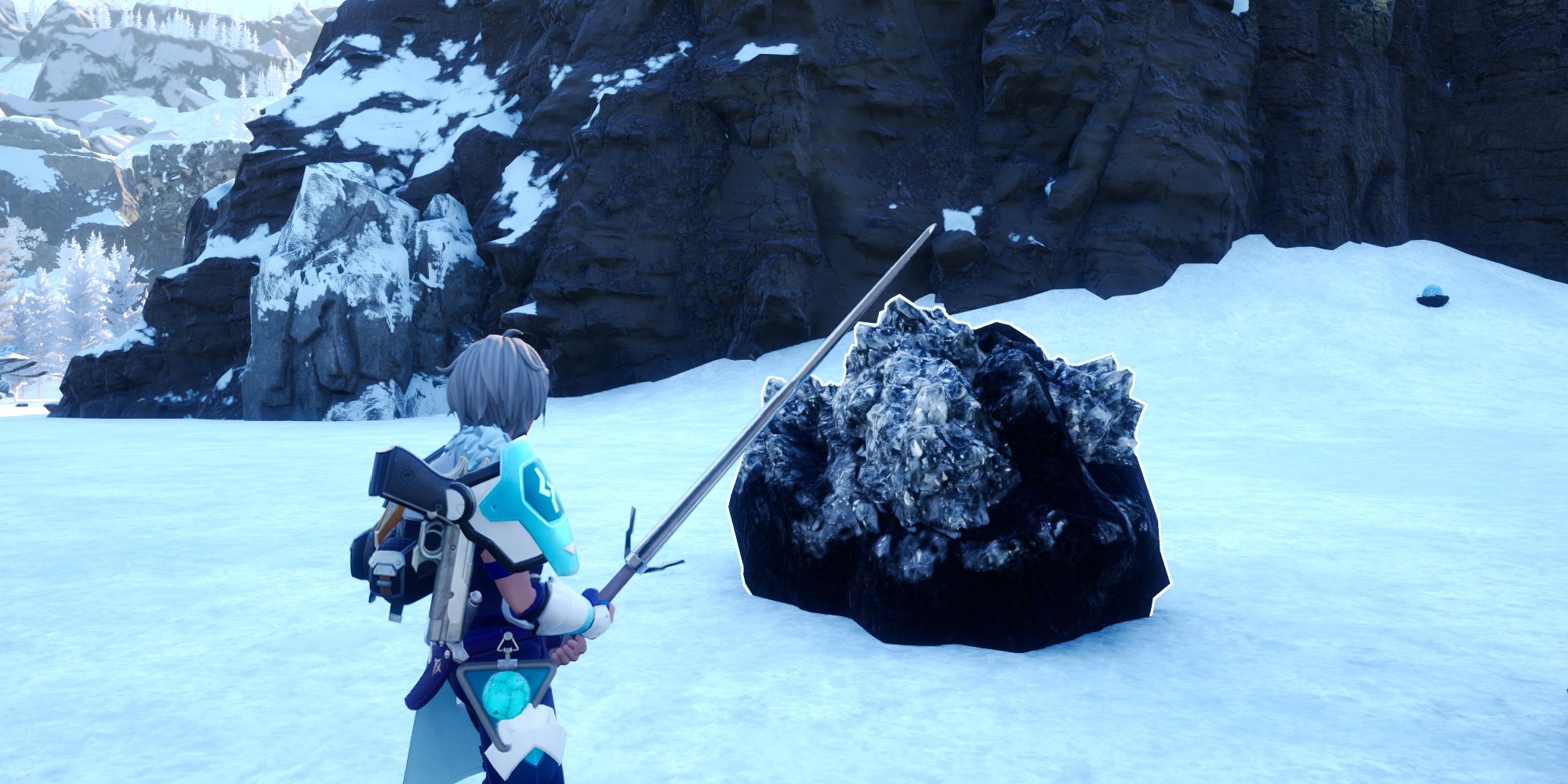 Player standing next to a stone that drop the Pure Quartz Palworld