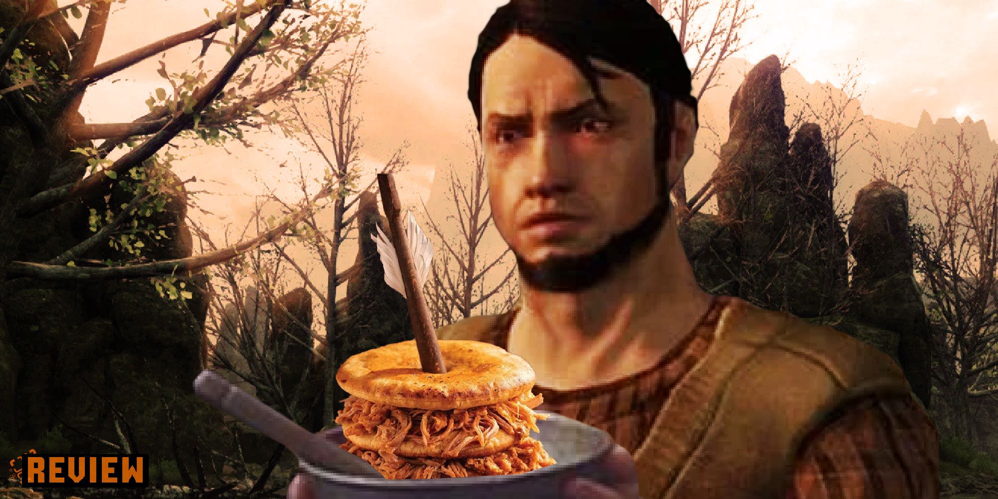 Ein Dragon Age-Charakter hält Pfannkuchen mit dazwischen gezogenem Schweinefleisch in der Hand.  Da ragt ein Pfeil heraus. 