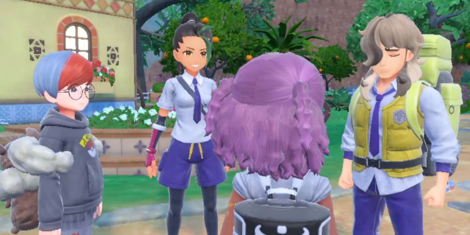 Ein Screenshot von Pokemon Violet mit dem Spieler Penny, Nemona und Arven