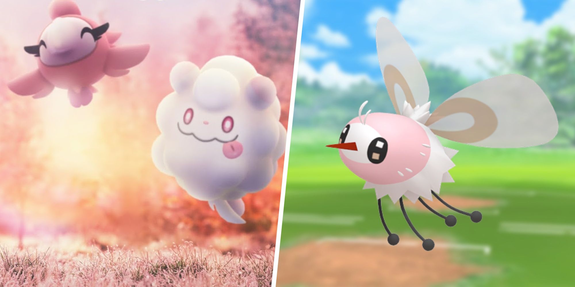 Image of Spritzee and Swirlix split with an image of Shiny Cutiefly