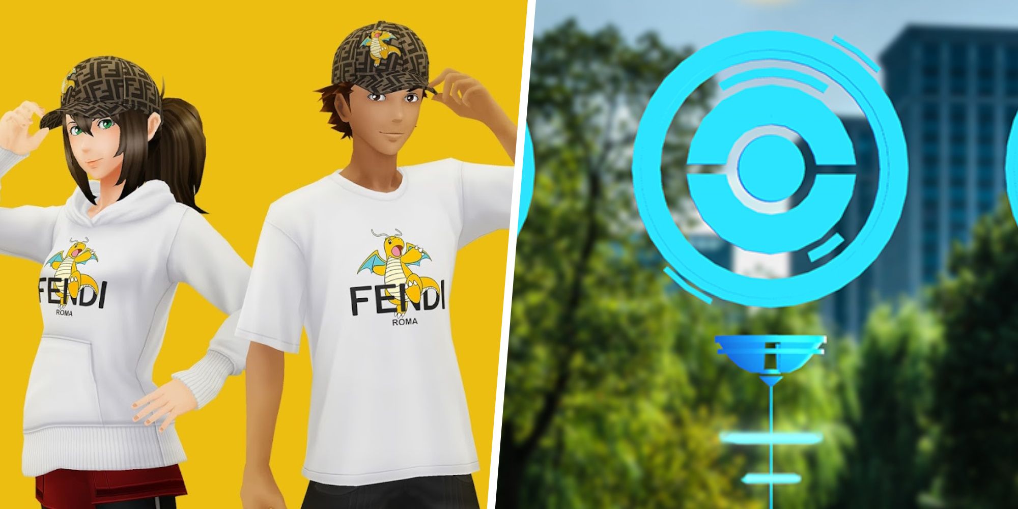 Image of two Pokemon Go avatars in Fendi cosmetics split with an image of a PokeStop
