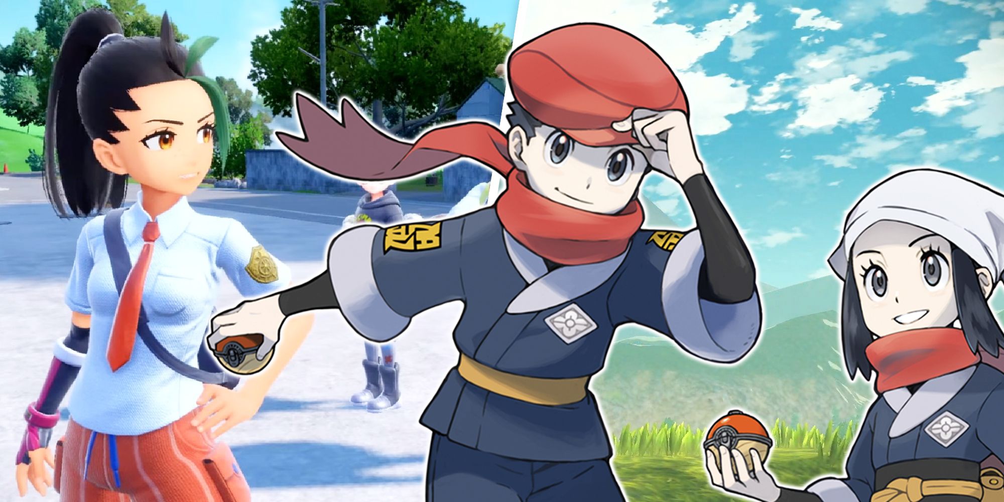 Pokemon Legends Arceus and Scarlet and Violet characters composited into the same scene