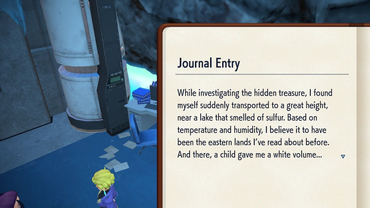 Pokémon Scharlach- und Violett-Tagebucheintrag aus der Area Zero Under Depths, der beschreibt, wie der Professor ein Kind an einem hohen Ort trifft, der nach Schwefel riecht