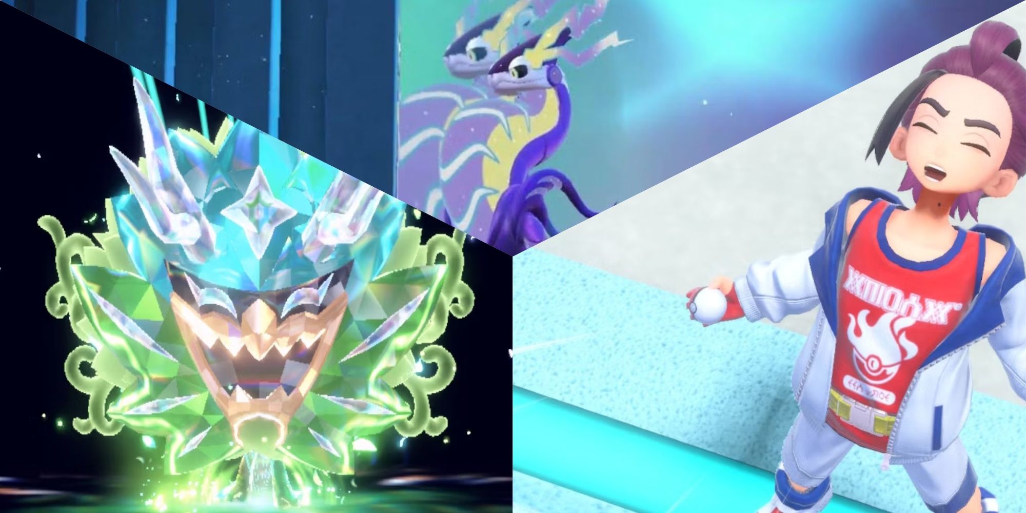 Geteiltes Bild von Pokémon Scharlachrot und Violett, das Miraidon, den schreienden Kieran und Ogerpon zeigt