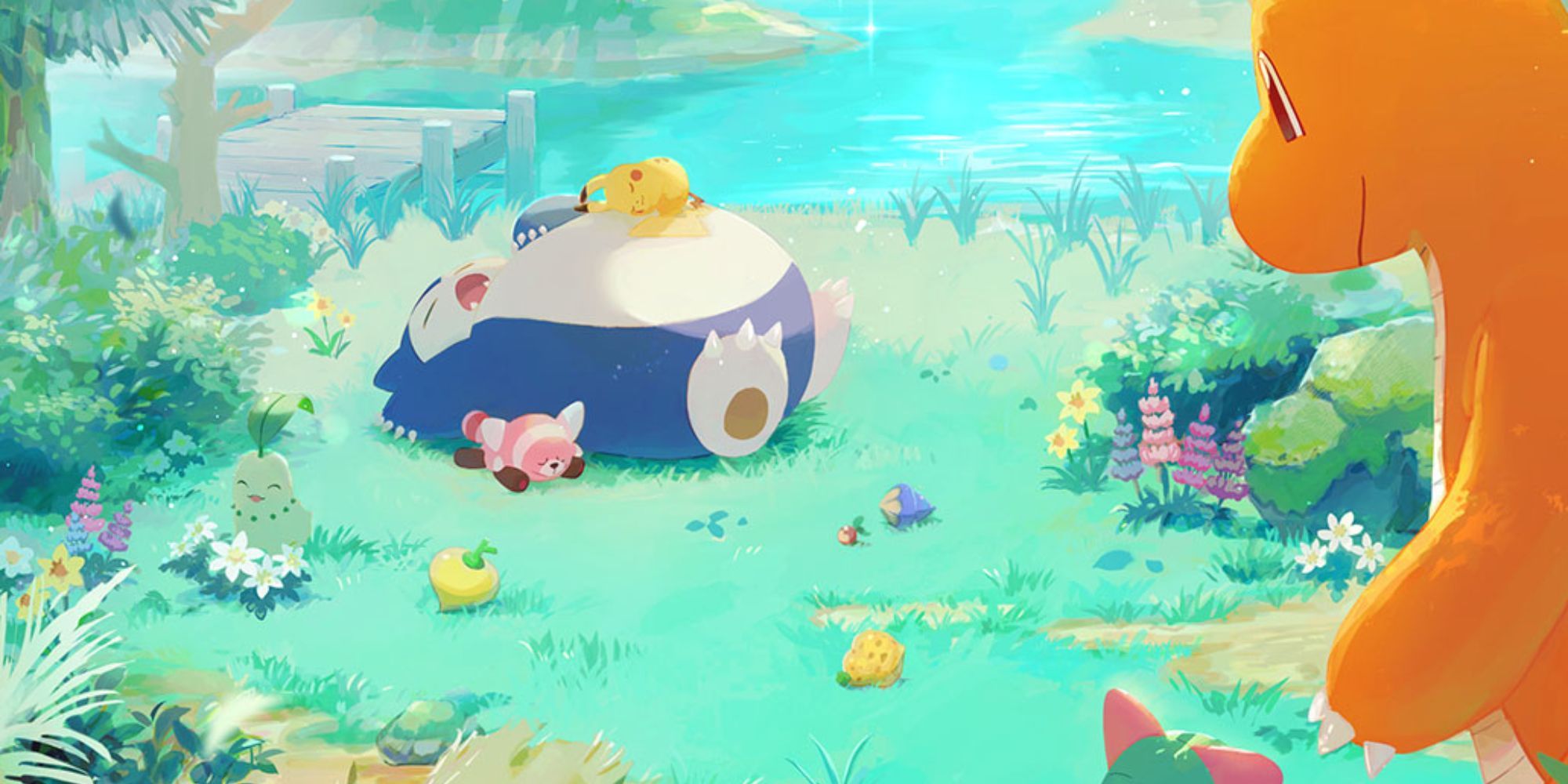 Art of a snorlax sleeping by a lake with a Pikachu, Stufful and Chikorita whule a Dragonite and Ralts approach
