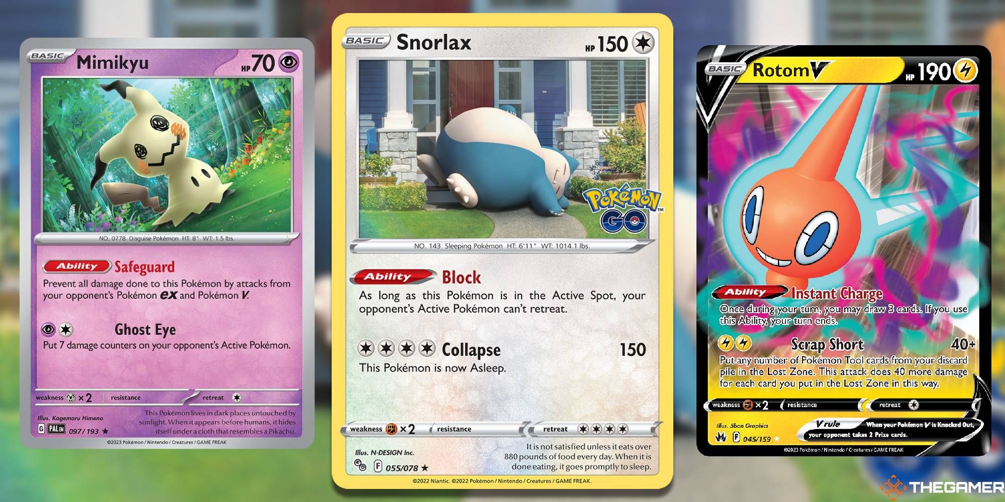 Pokemon TCG cards Snorlax, Rotom V, and Mimikyu, against a background of the Snorlax card art-2