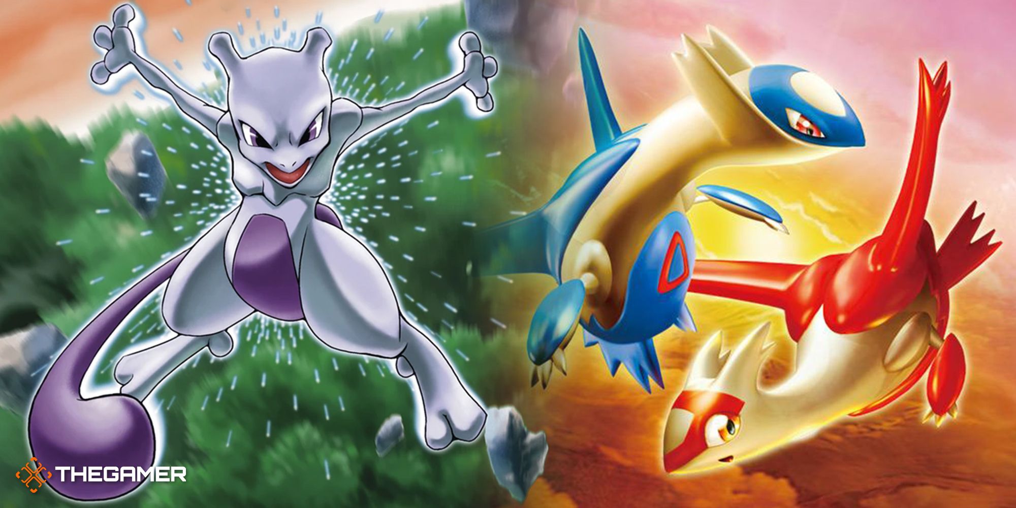 A split image of Mewtwo attacking on the Holon Phantoms box art while Latios and Latias fly on the EX Dragon Frontiers art.