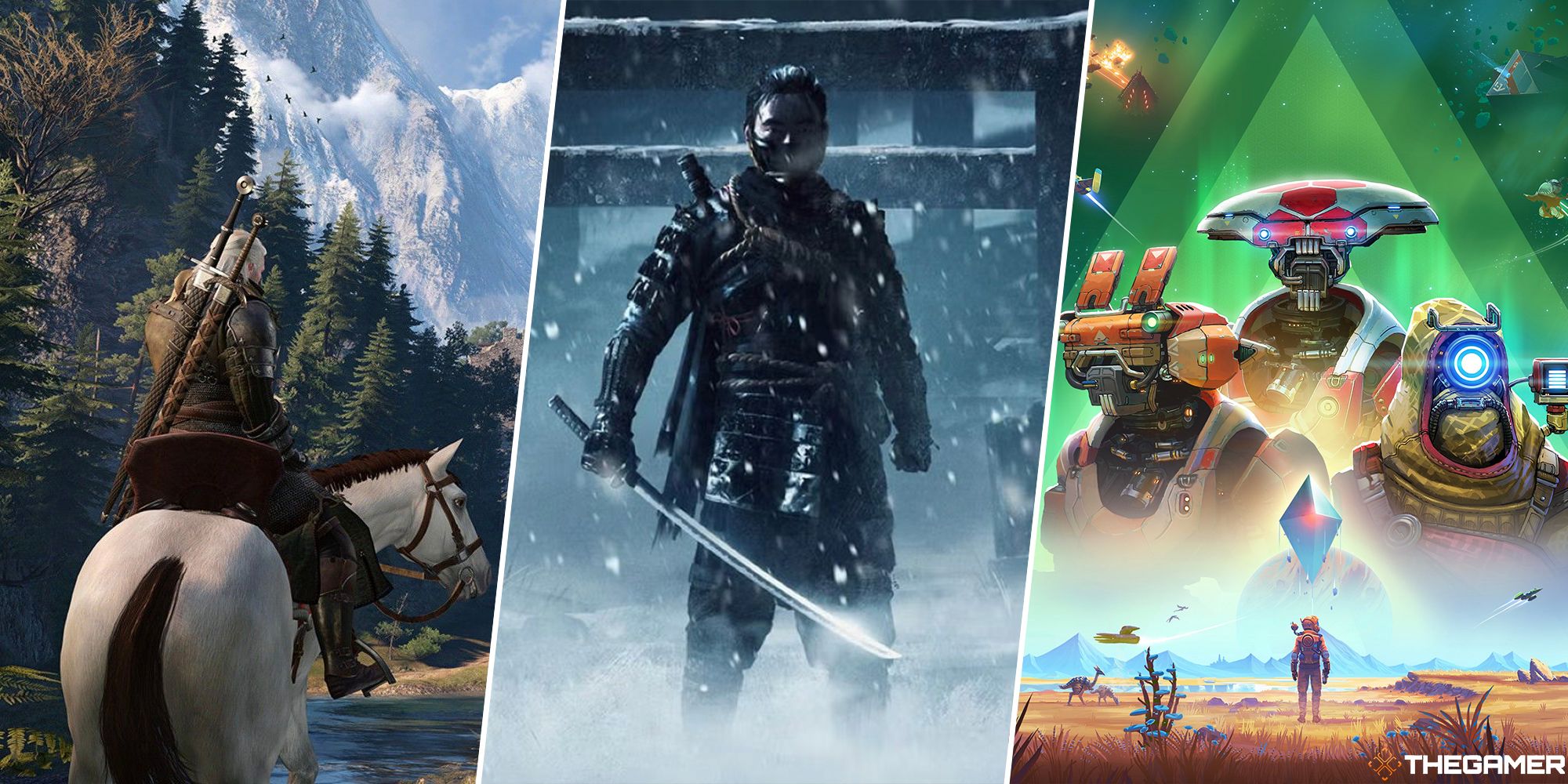 the witcher 3, ghost of tsushima, and no man's sky split