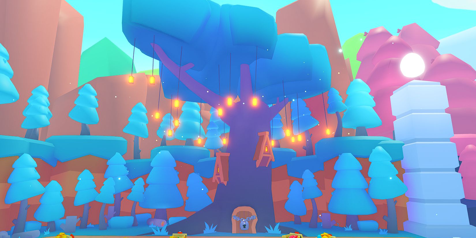 Ein riesiger lila Baum im Bereich „Enchanted Forest“ von Pet Simulator 99