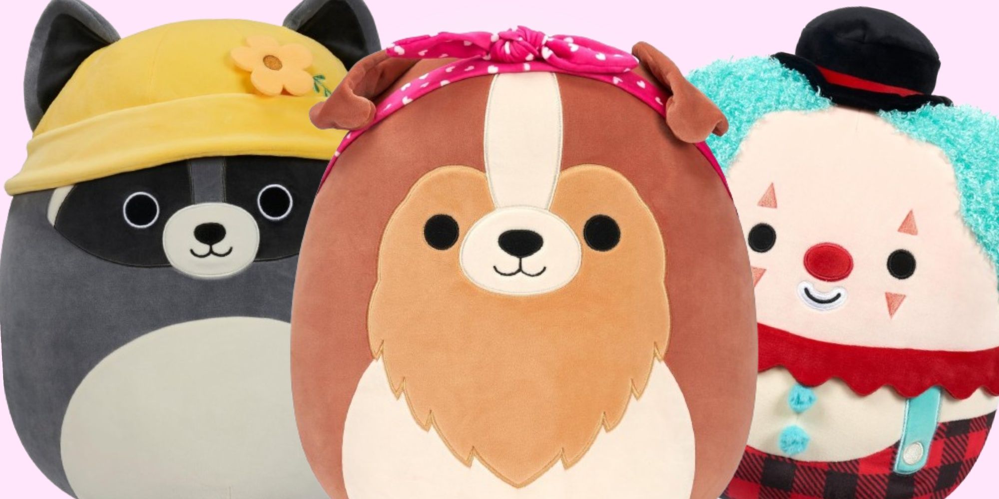 Raccoon, dog and clown Squishmallows on a pink background