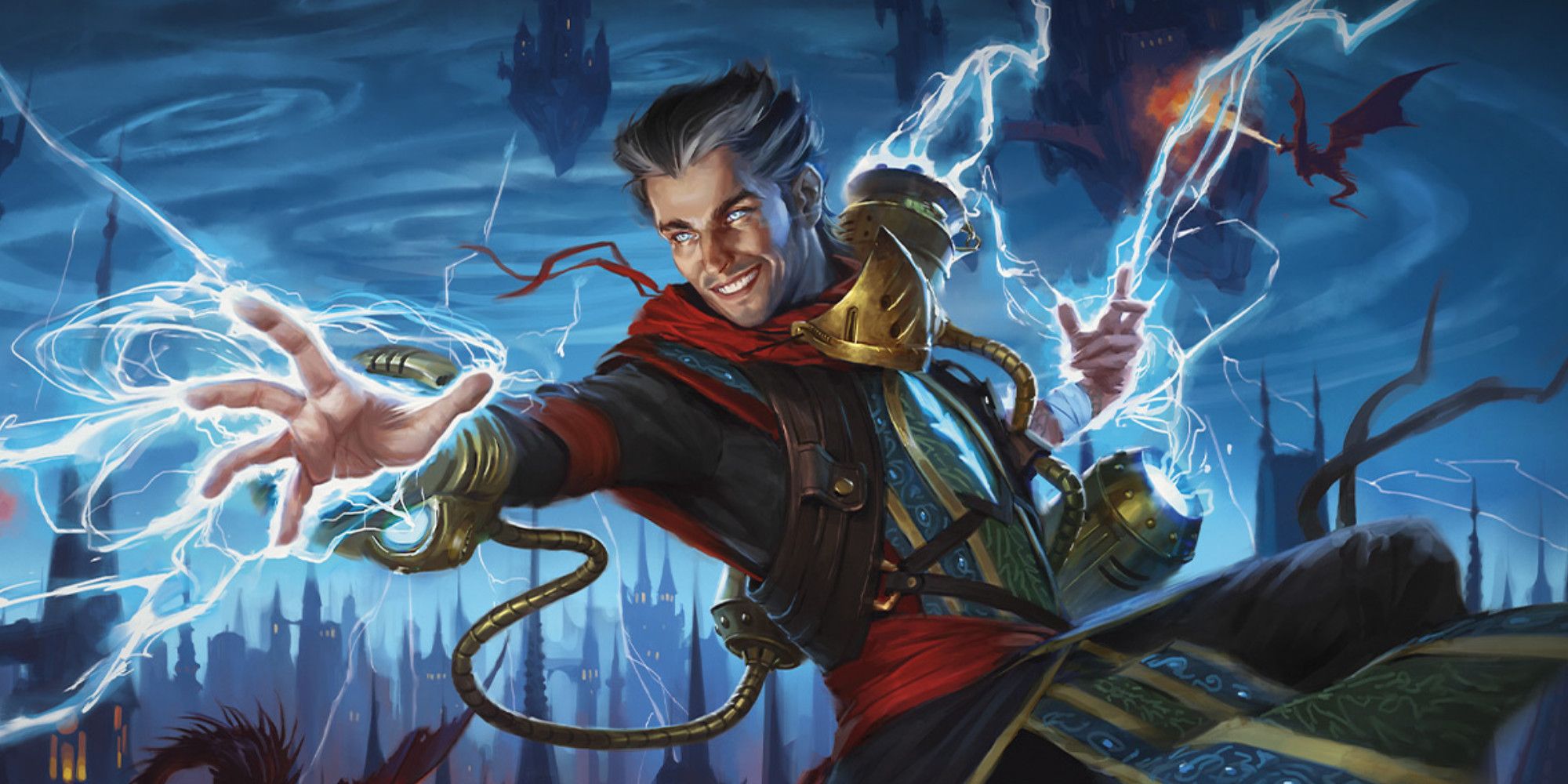 Ravnica Remastered art - a wizard floating in the air and shooting lightning out of his hands