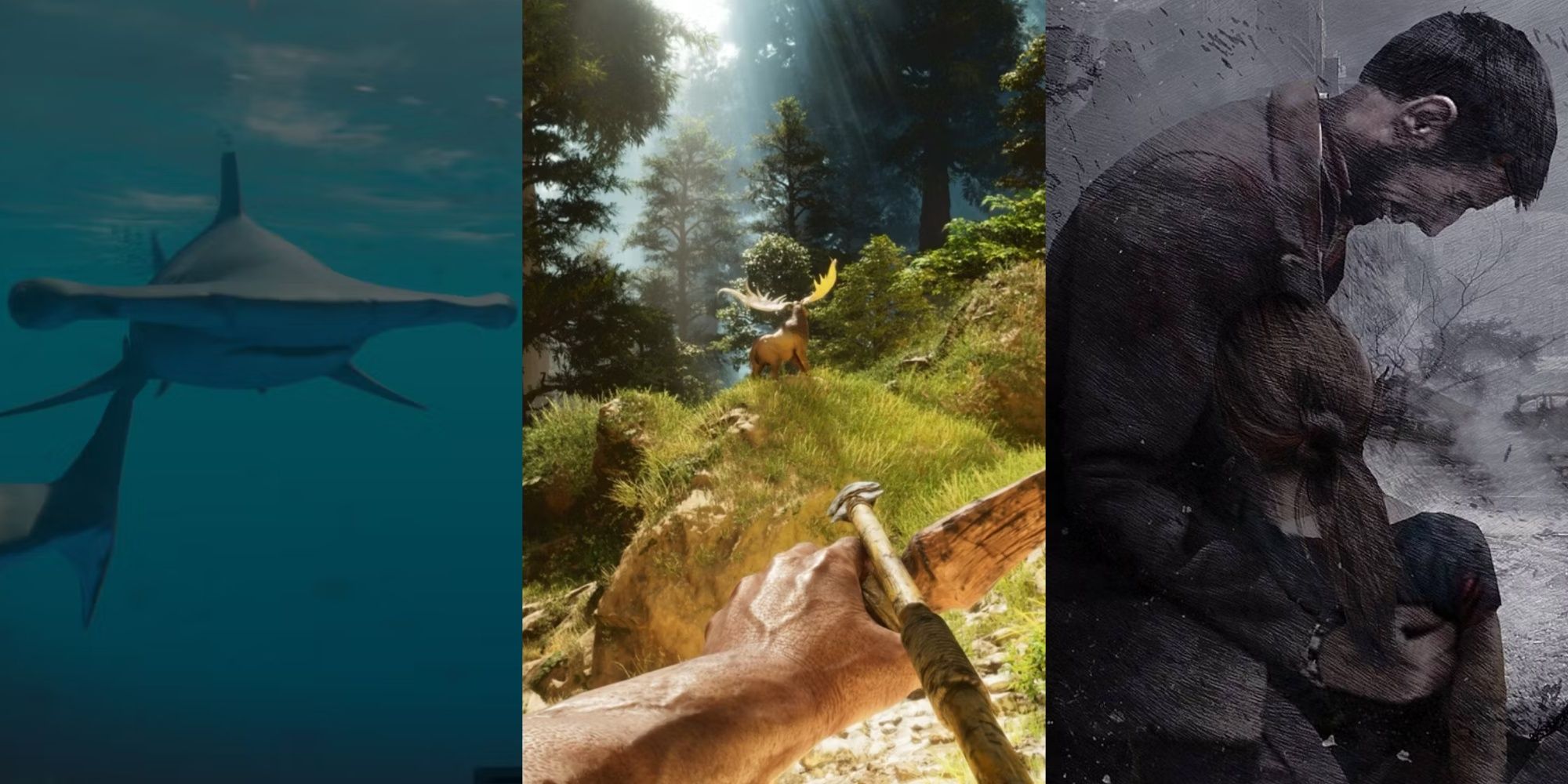 Realistic Survival Games Updated Feature Image - Sharks in Stranded Deep, Bow in Ark Survival Ascended, and This War of Mine Cover Art