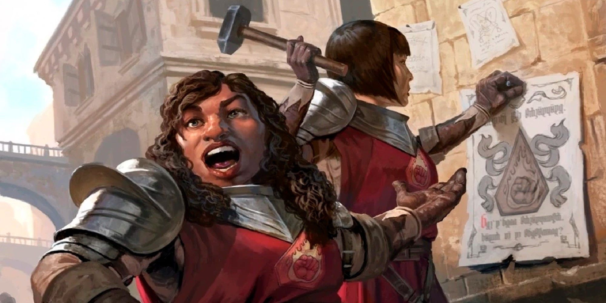 Dungeons & Dragons image showing two Flaming Fist members placing recruitment posters