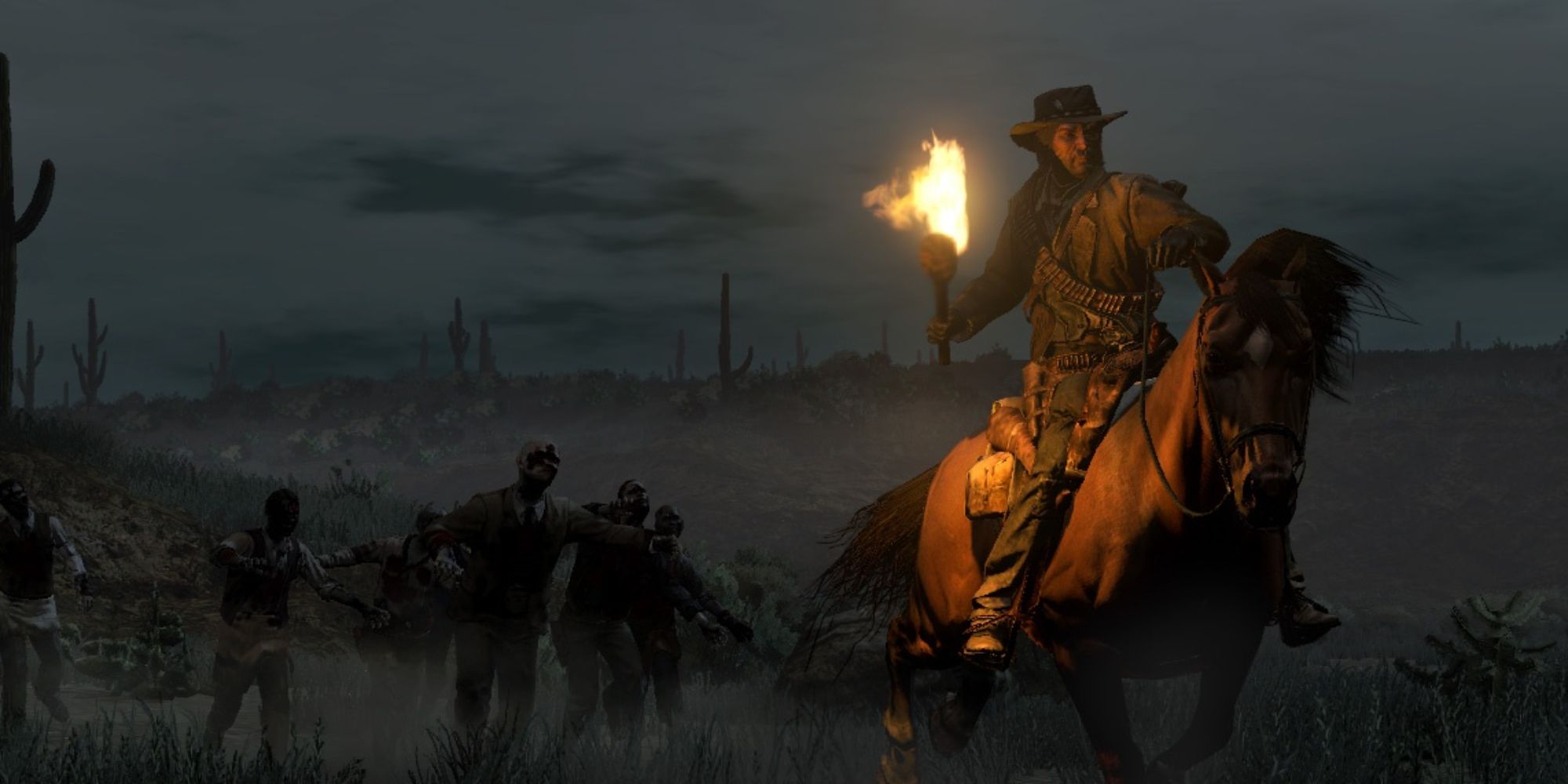 Red Dead Redemption Undead Nightmare Screenshot von John Marston mit Fackel in der Hand, der vor Zombies davonreitet