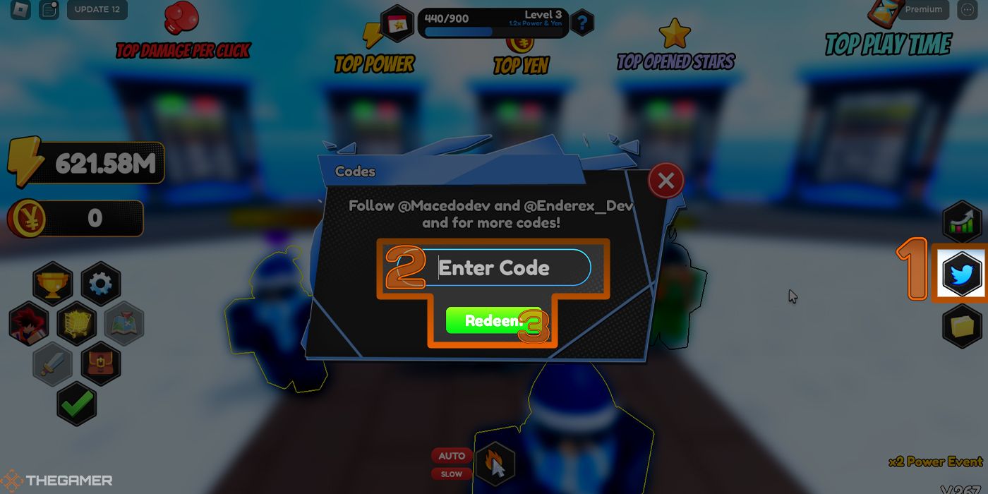 Step-by-step diagram for redeeming promo codes in the Roblox game Anime Max Simulator.
