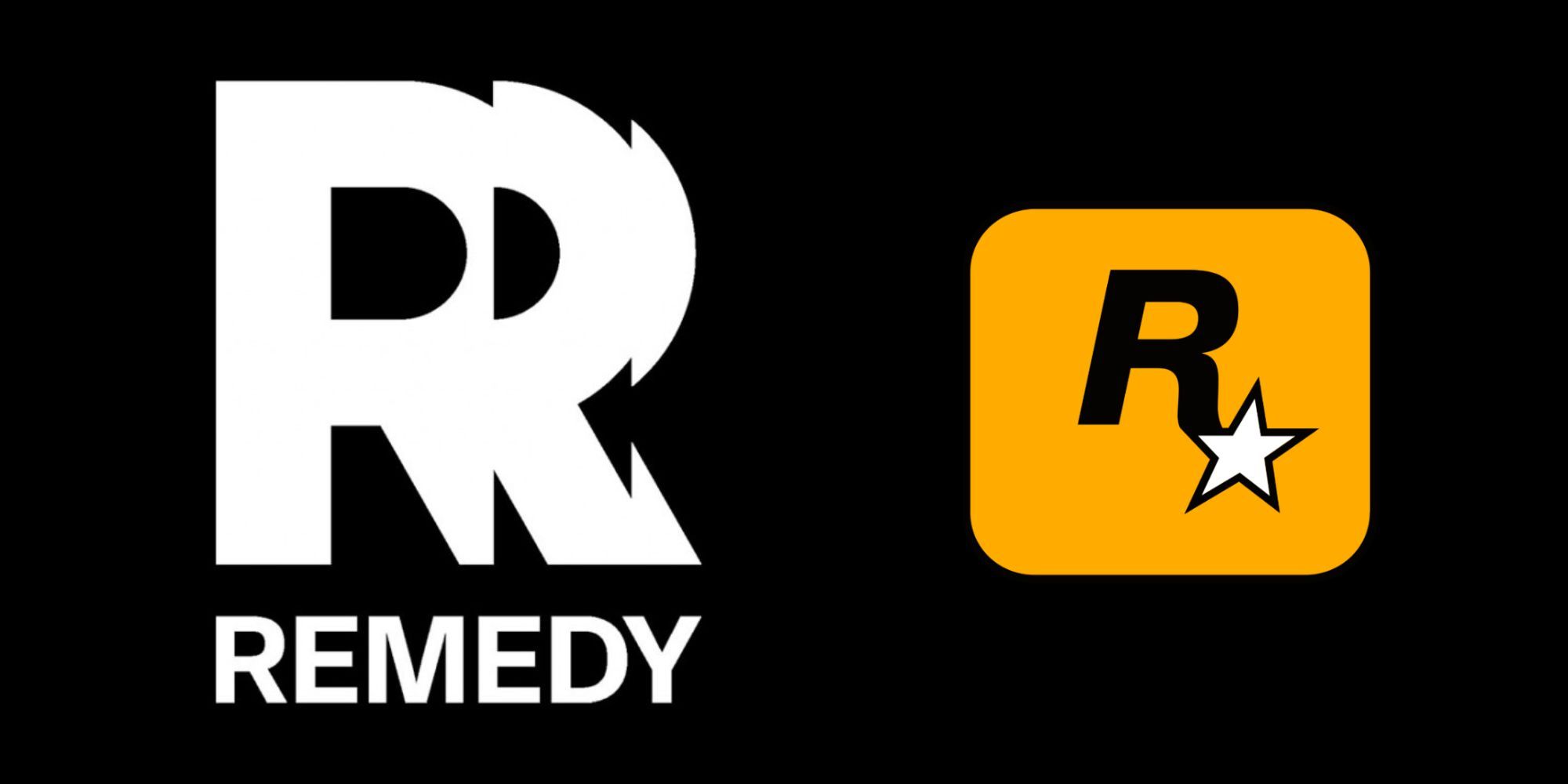 Left: the logo for Remedy Entertainment. It is a white R, blurred to show multiple Rs. Right: Rockstar Games' logo. This is a black stylised R, curved, and on top of a star icon. The background is yellow. 