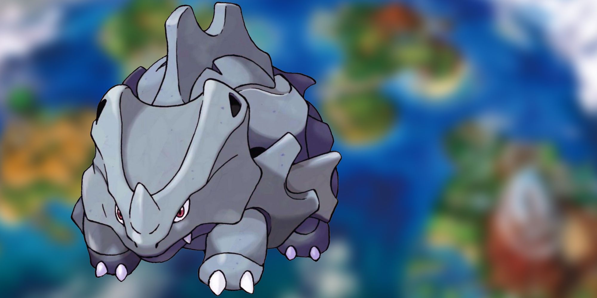 Rhyhorn wird vor einem unscharfen Hintergrund angezeigt.