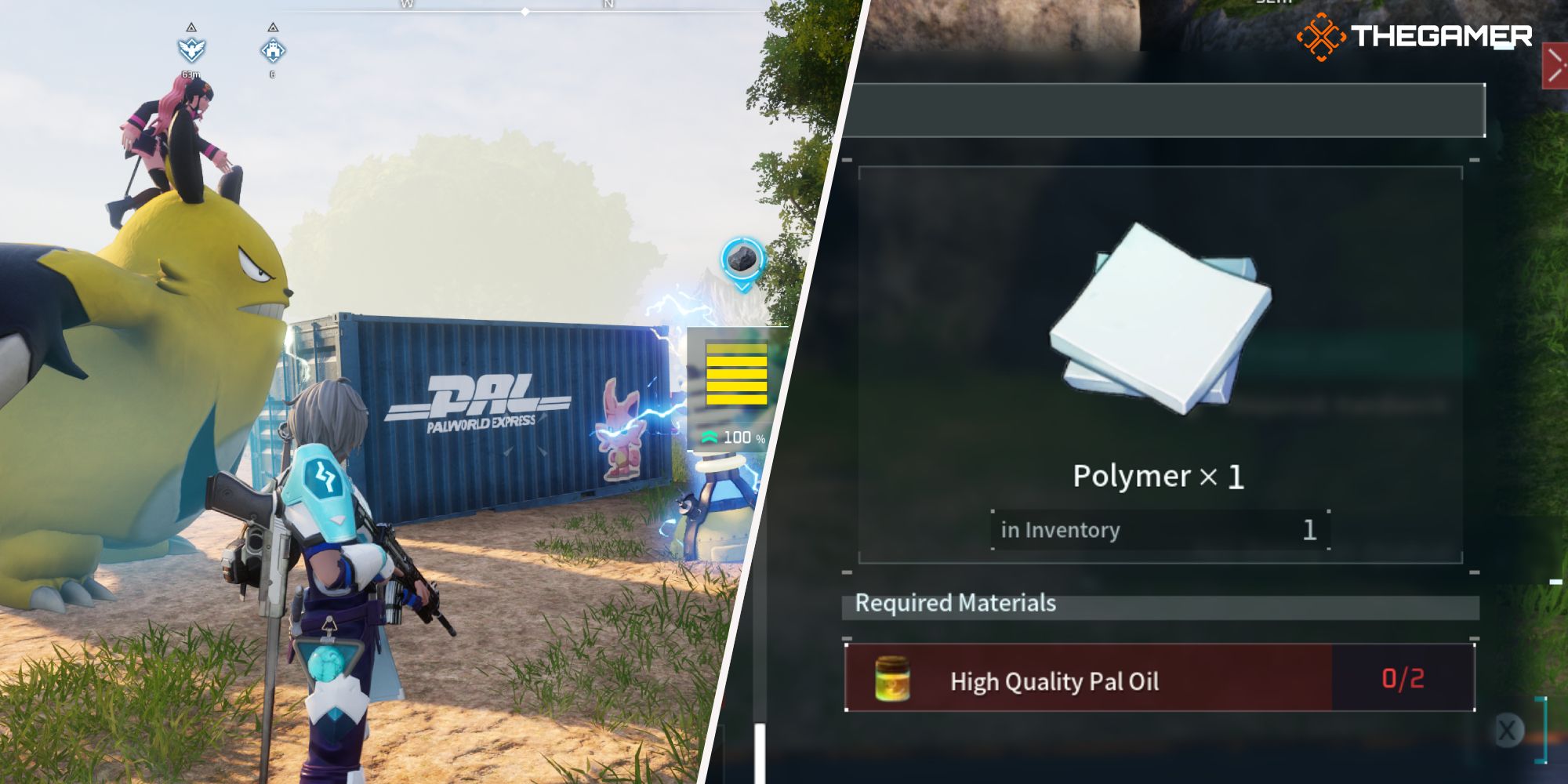 Right: Polymer craft menu - Left: Player standing next to a Grizzbolt powering up a Power generator Palworld