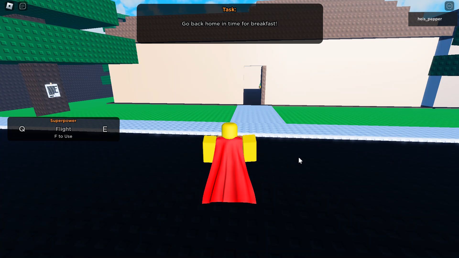 Roblox A Superhero Breakfast, the hero in front of his house with the door open
