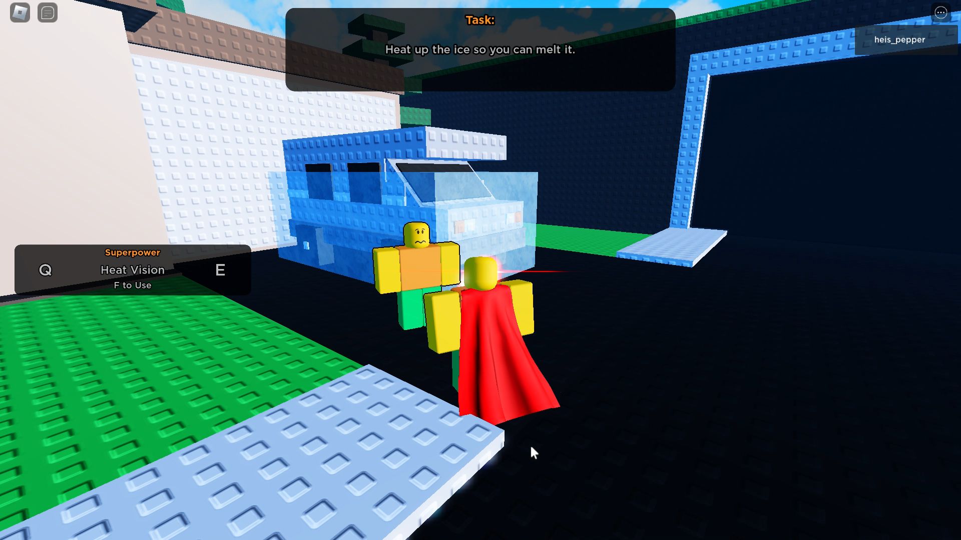 Roblox A Superhero Breakfast, the hero using his heat vision to melt ice