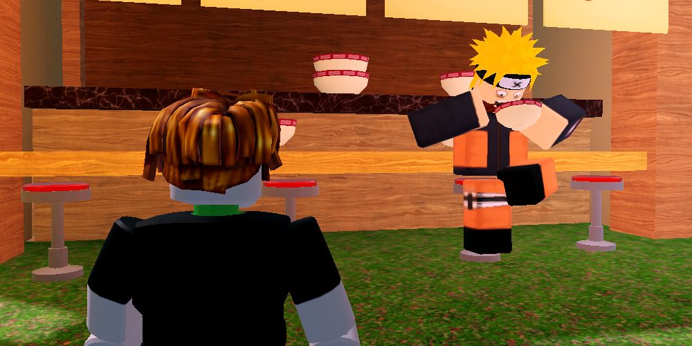 Ein Roblox-Avatar sieht zu, wie Naruto in Ninja Battlegrounds Ramen isst