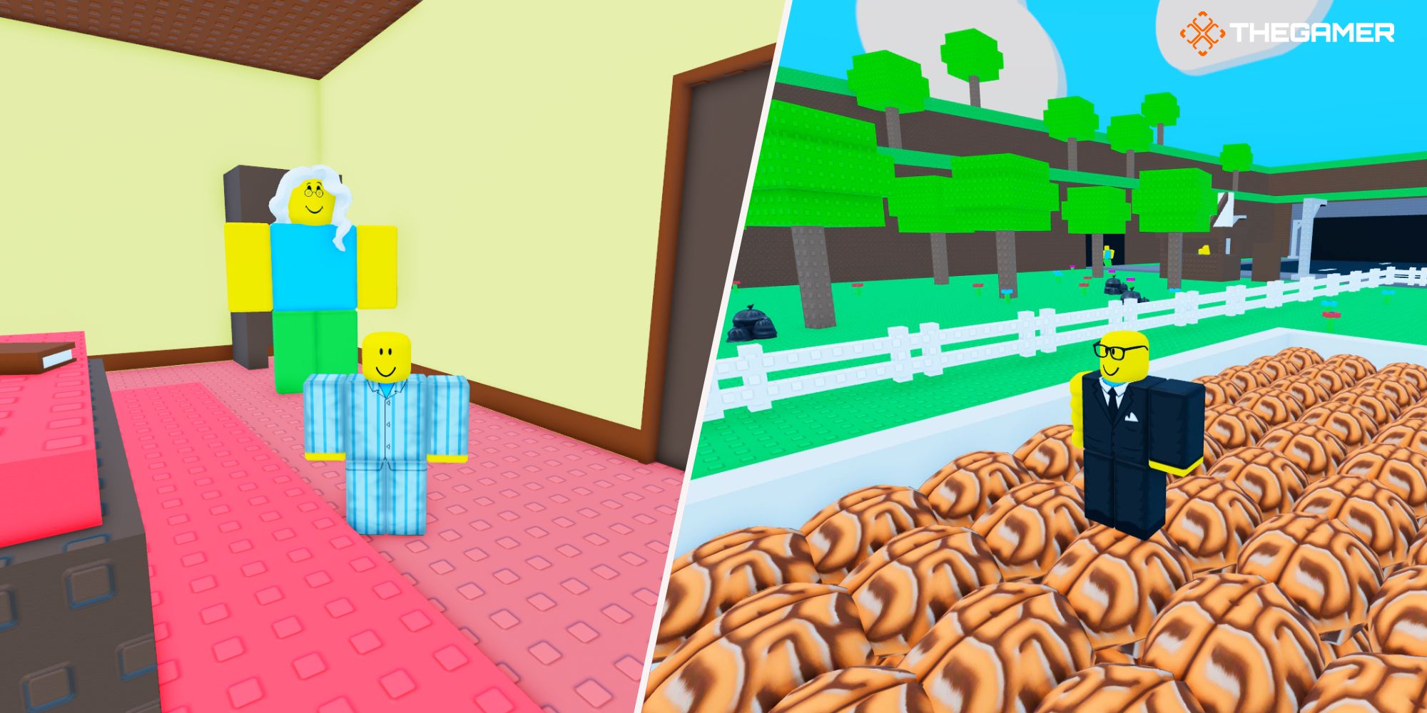 Roblox Need More Smart, Right: the kid on a pool filling with brains, Left: the kid with his mom