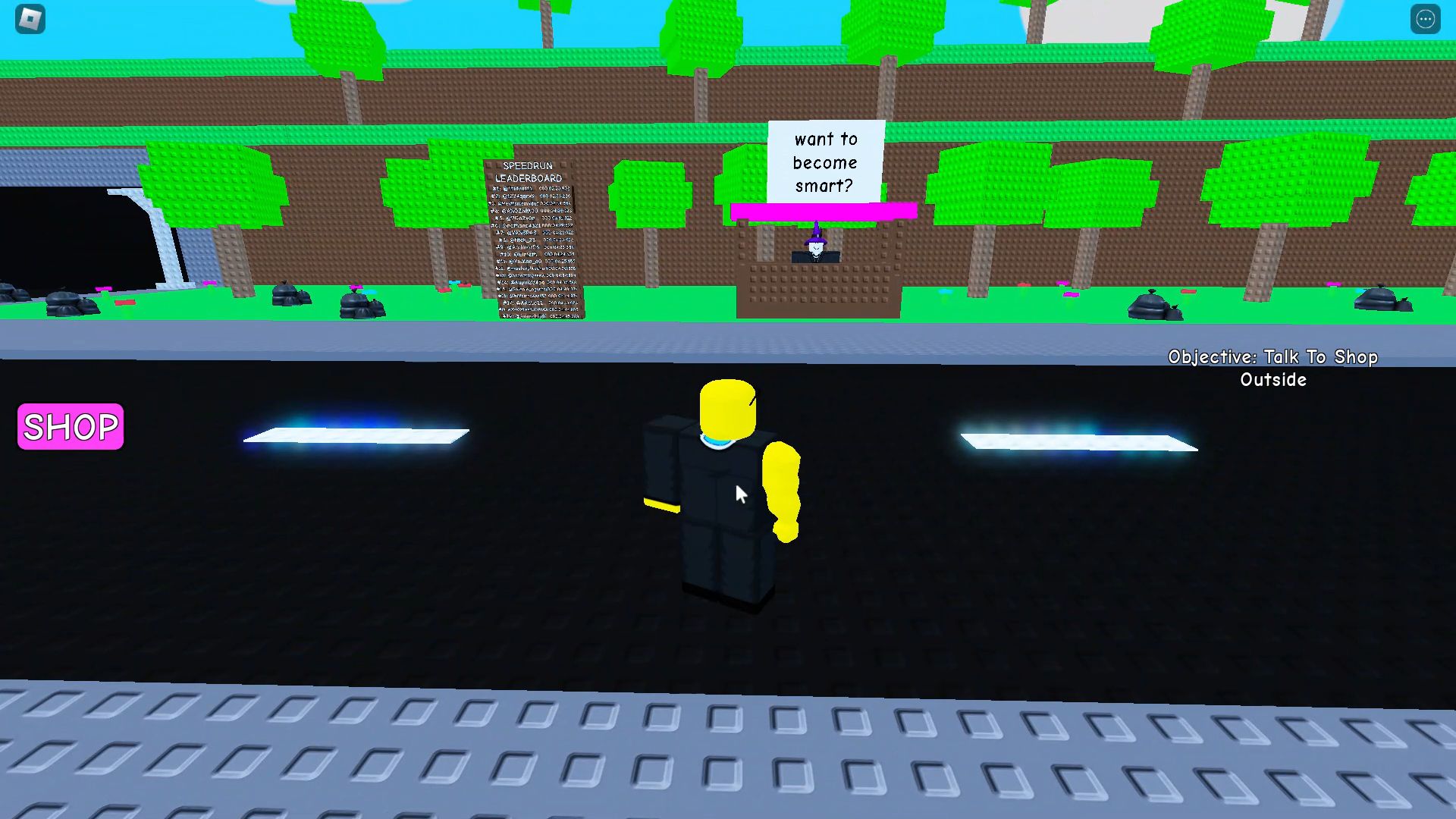 Roblox Need More Smart, the kid outside and the shop in front of him