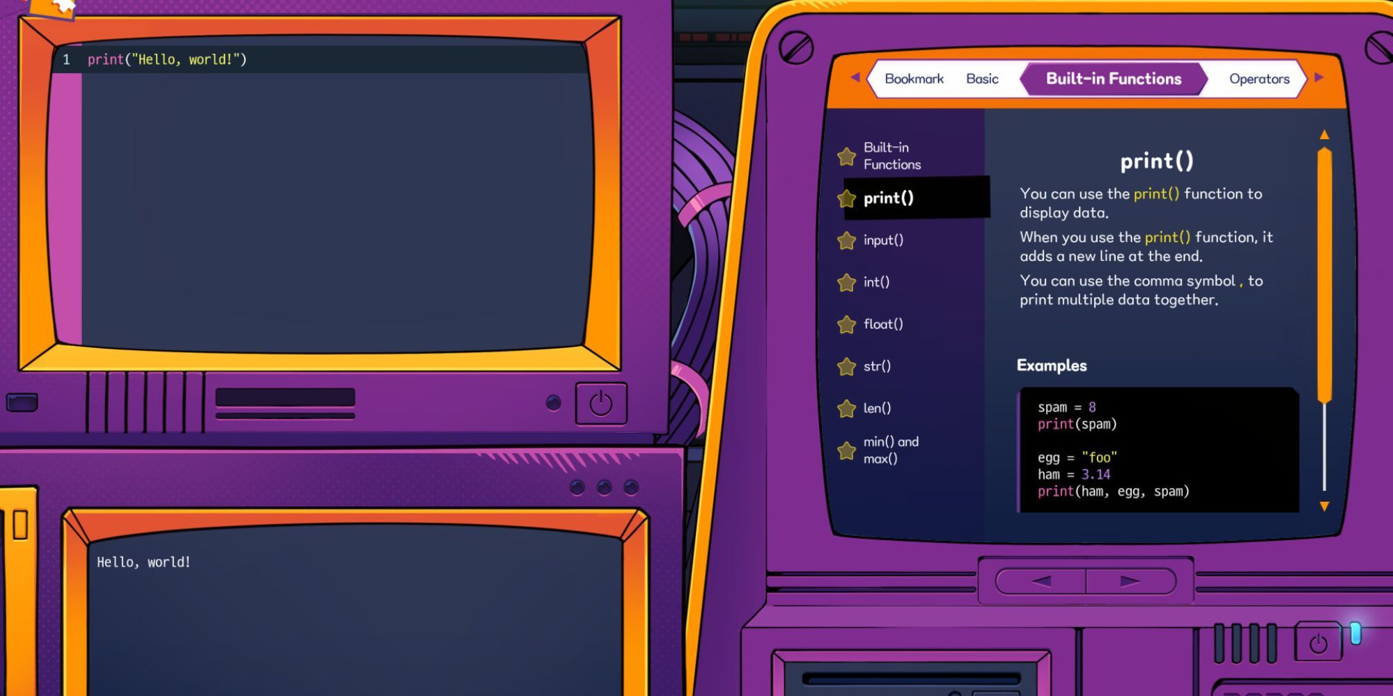 Mehrere violette Monitore zeigen entweder Codierungsterminals oder die übliche Programmiersyntax.