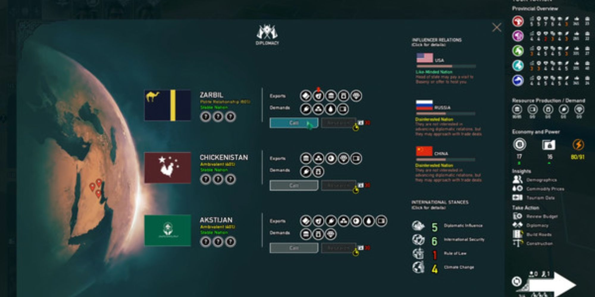 Der Bildschirm „Rogue State Revolution“ zeigt die Mächte verschiedener Nationen