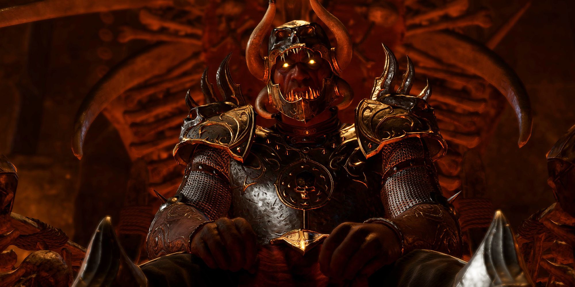 Sarevok Anchev sitting on a throne in Baldurs Gate 3, he has a Bhaal symbol on his chestplate and a helmet with teeth lining its opening, eye sockets at its top, and horns jutting out the sides