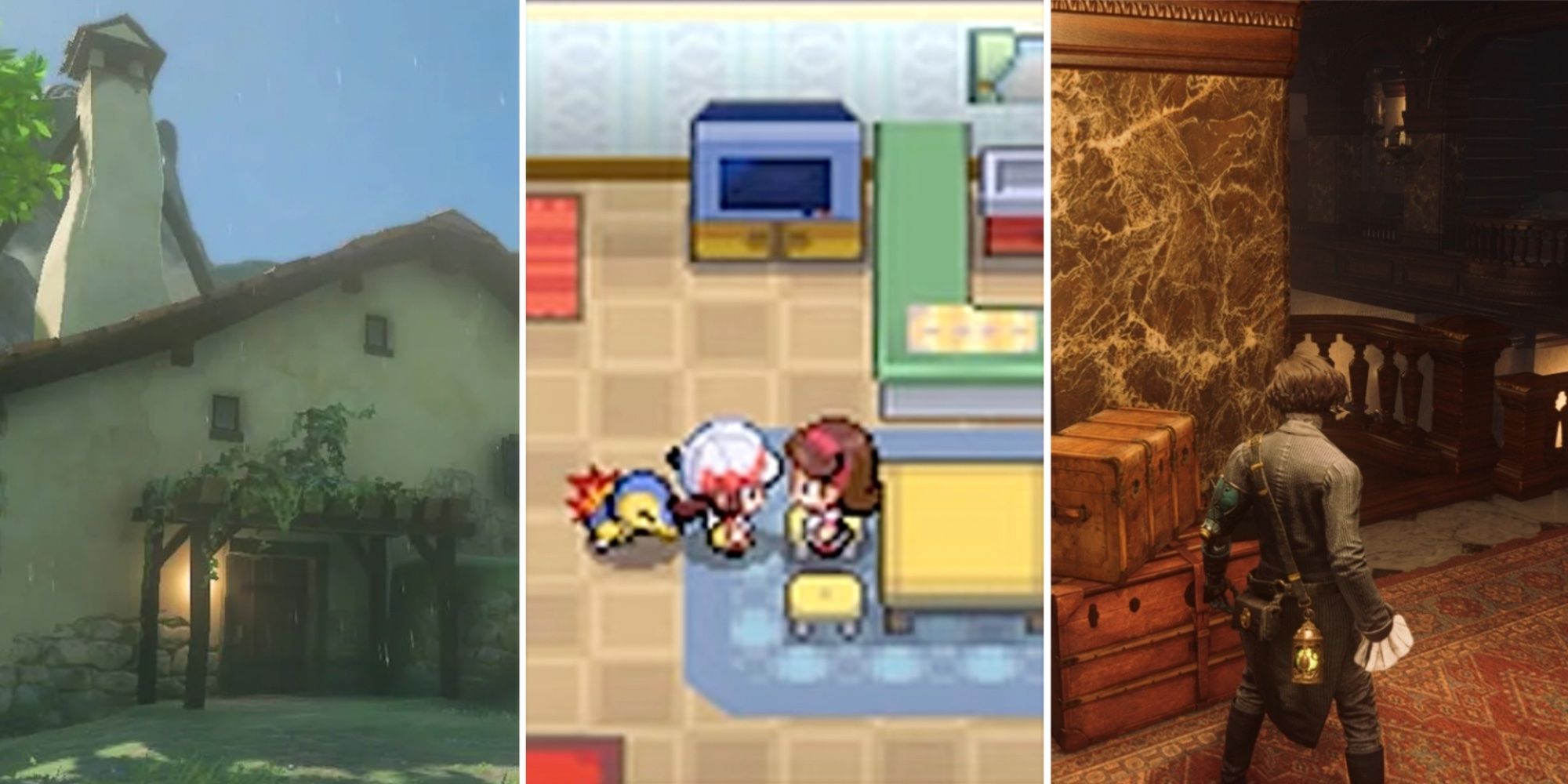 Screenshots of link's house in Breath of the Wild, Mom's House in Pokémon HeartGold, and Hotel Krat in Lies of P