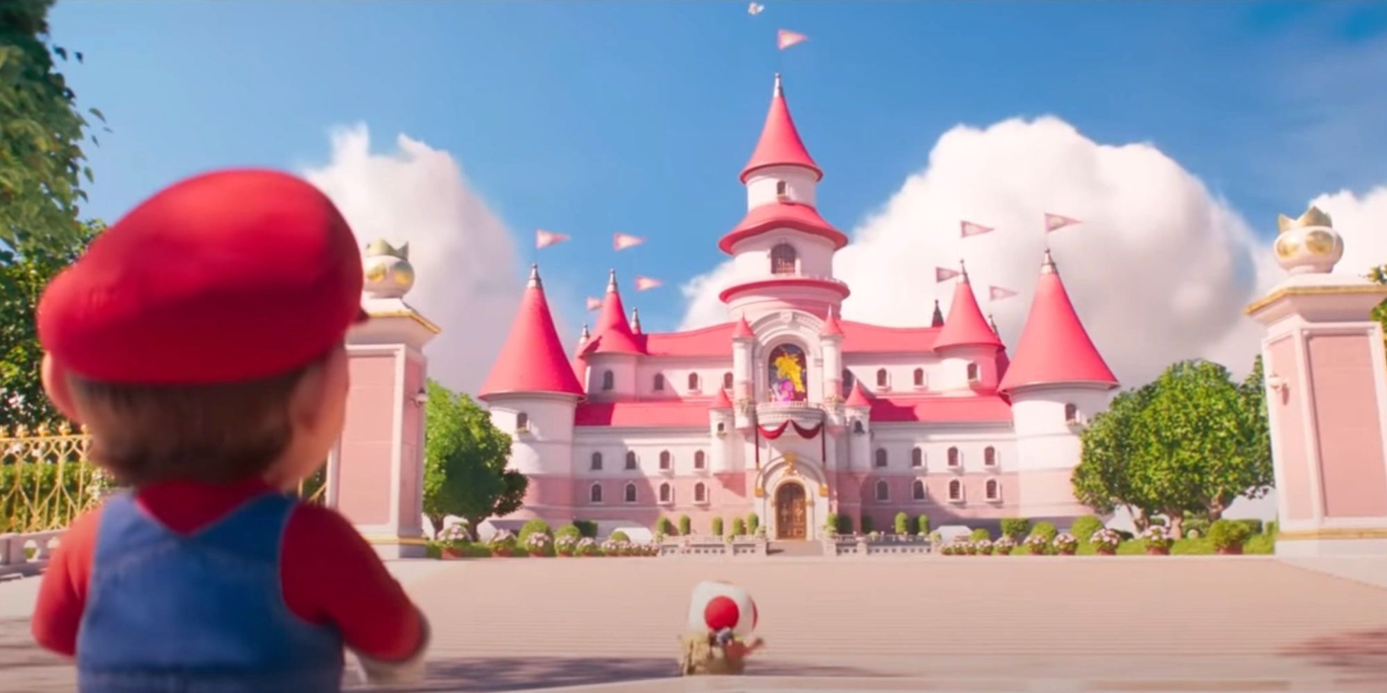 Mario und Toad nähern sich Peach's Castle im Super Mario Bros.-Film