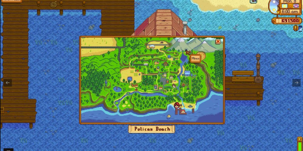 Eine Stardew Valley-Karte mit den für Schnellreisen markierten Orten.