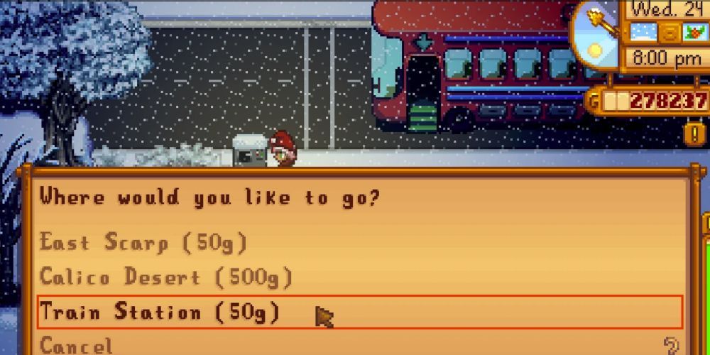 Das Stardew Valley-Busmenü mit der zusätzlichen Option des Bahnhofs. 