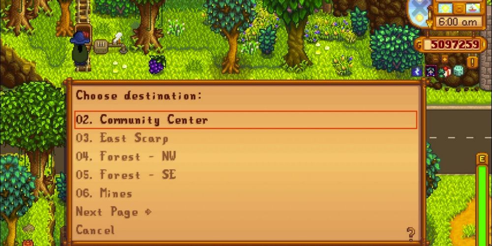 Eine Stardew Valley-Standortkarte für Reisen per Minecart mit erweiterten Standorten.