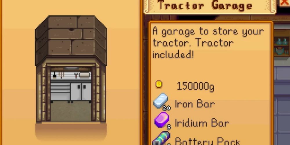 Ein Bild und eine Beschreibung der Traktorgarage im Stardew Valley.