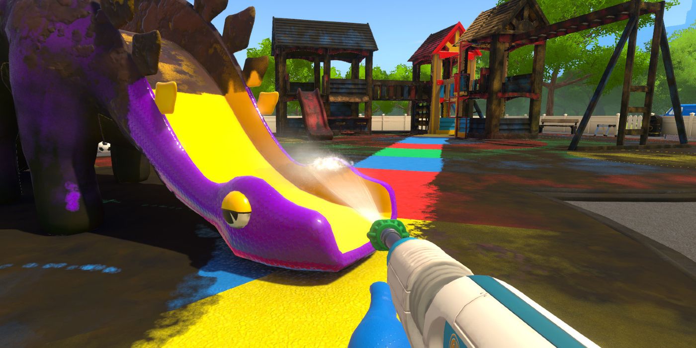 Cleaning a paint-covered playground in Powerwash Simulator.