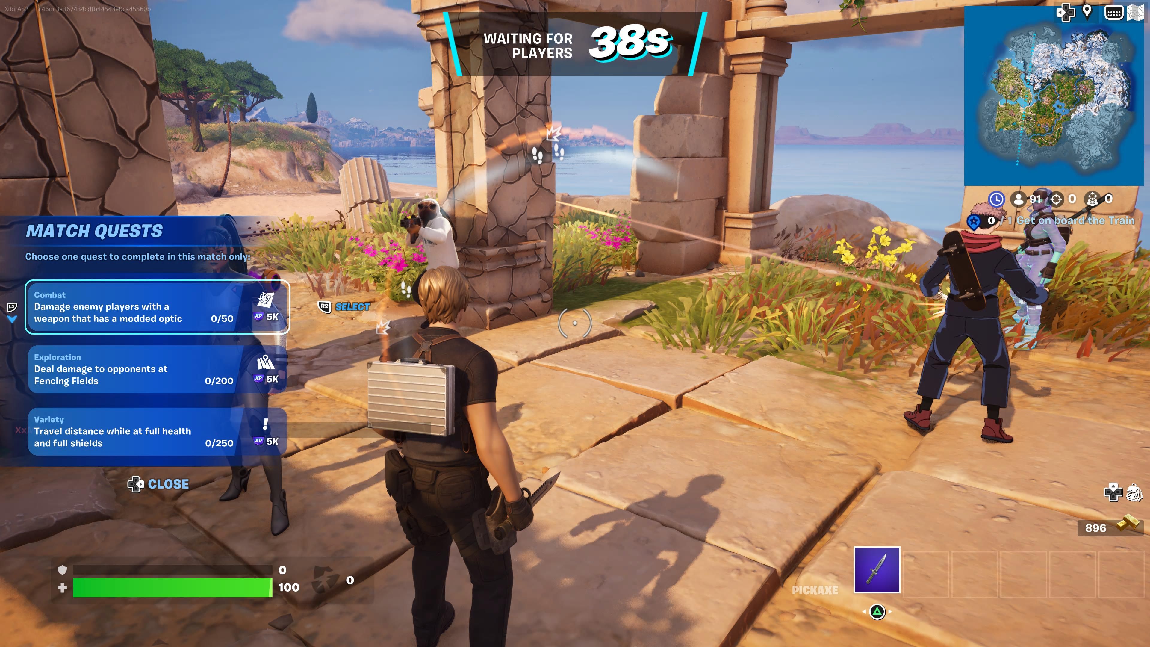 Leon Kennedy on the Fortnite starting island with "visualize sound effects" turned on showing many people moving around him with the footsteps displayed in a radial