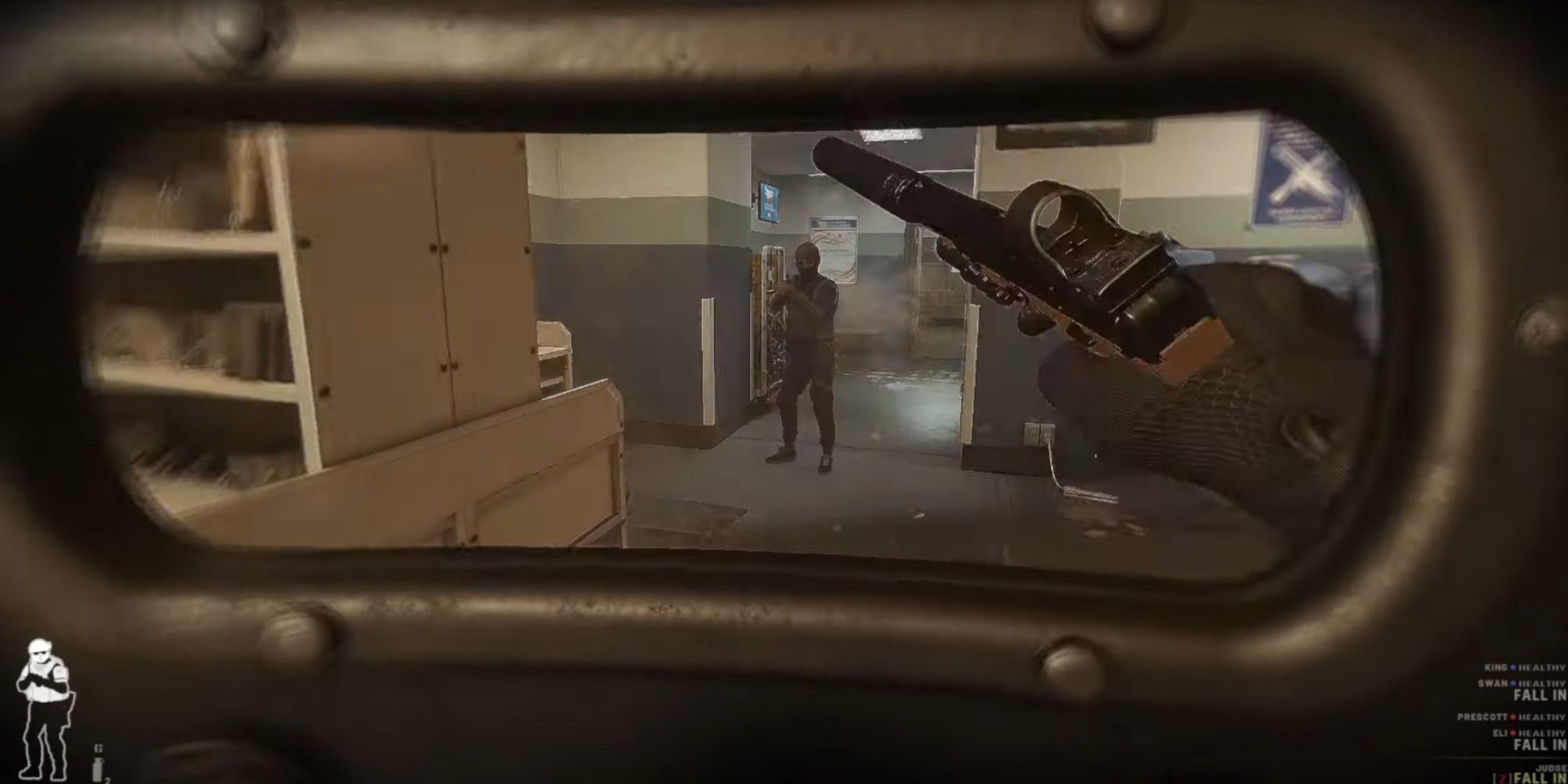An operator in Ready Or Not taking down a suspect with a riot shield and handgun