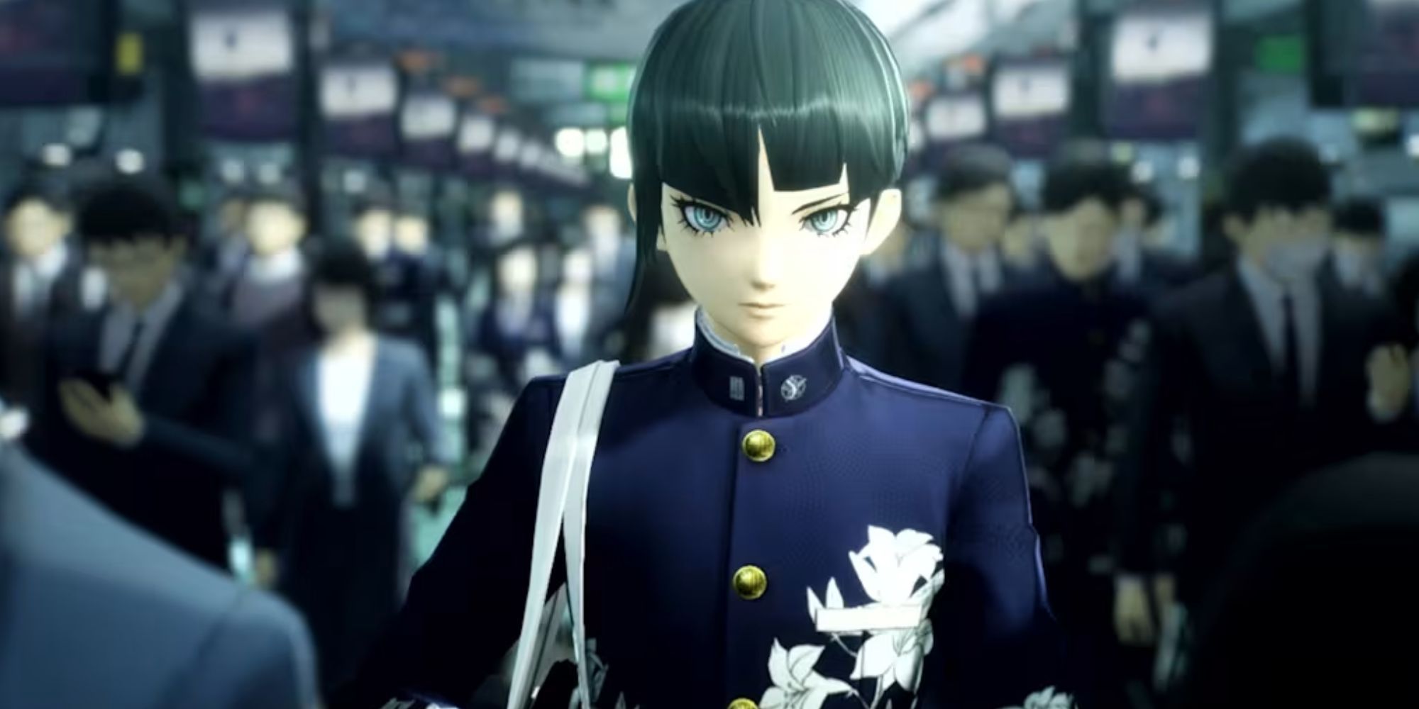A screenshot from Shin Megami Tensei V, showing a busy crowd of people wearing suits