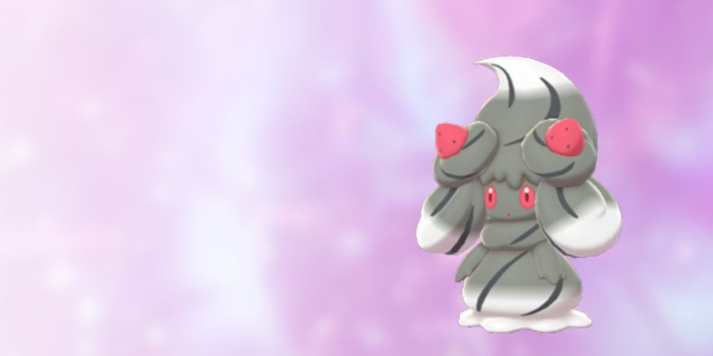 Artwork of Shiny Alcremie posed in front of a background