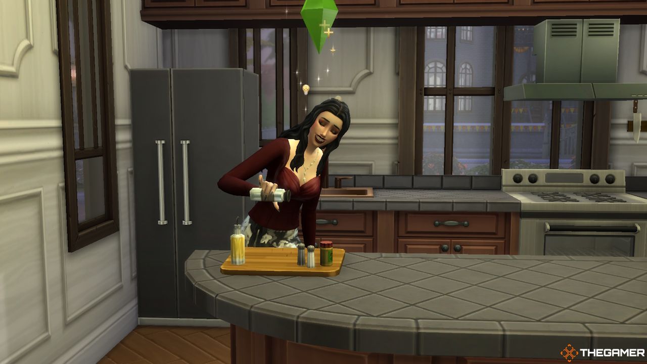 A female Sim cooks in a large kitchen in the Black Widow challenge