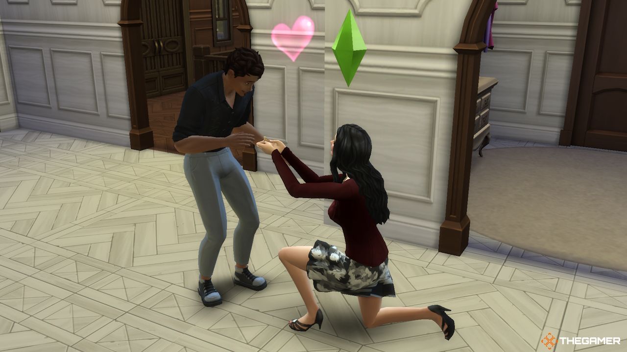 A female Sim proposes to a male Sim in a mansion