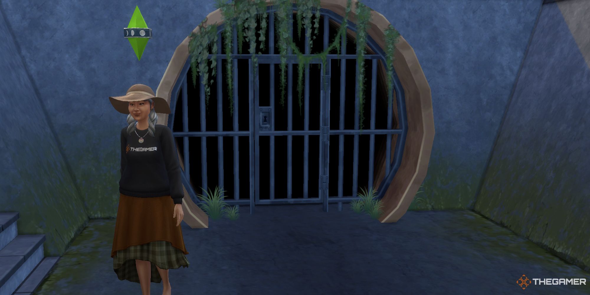 an Elder Sim stands at a Moonwood Mill Tunnel entrance