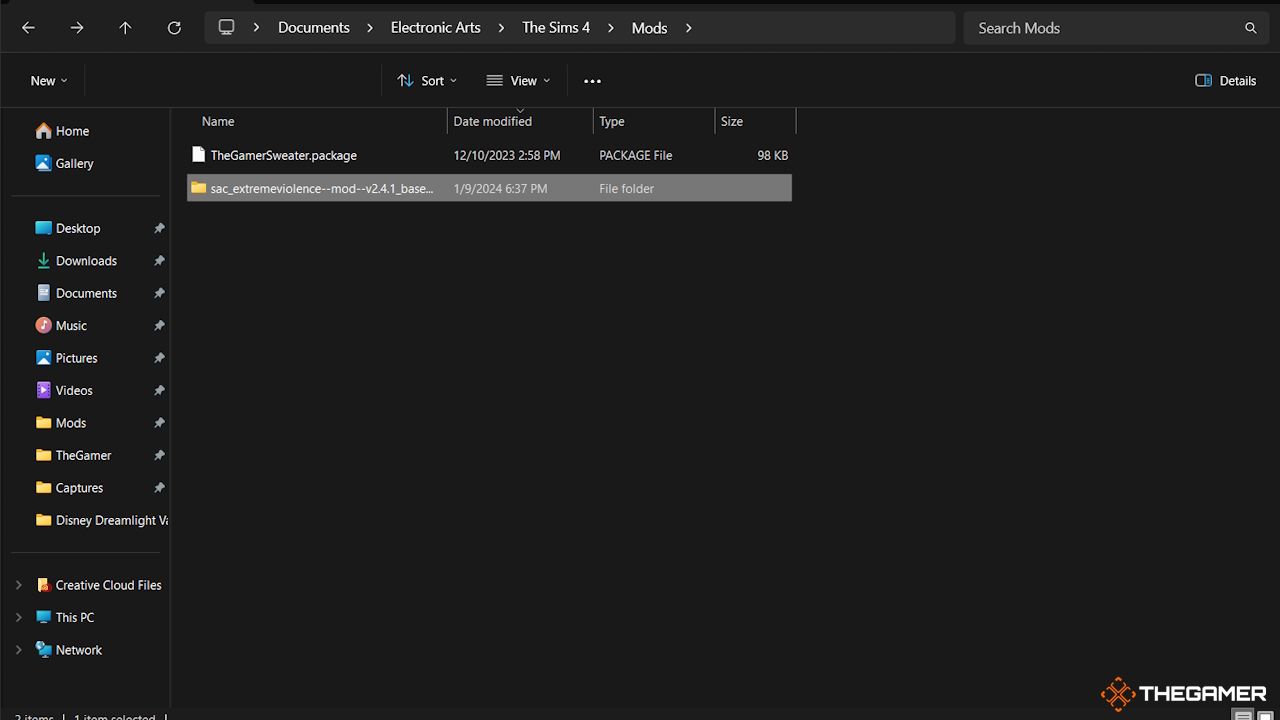 The mods folder for The Sims 4 including the Extreme Violence Mod