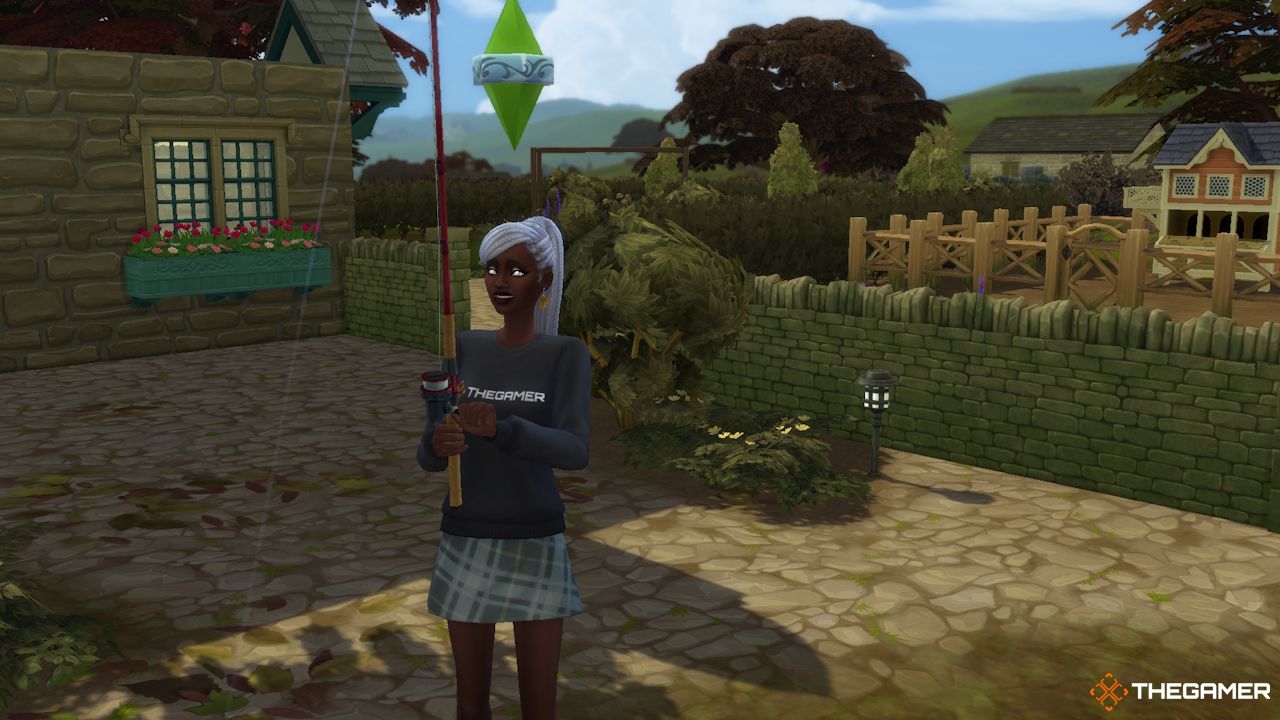 A female Sim goes fishing at her cottage