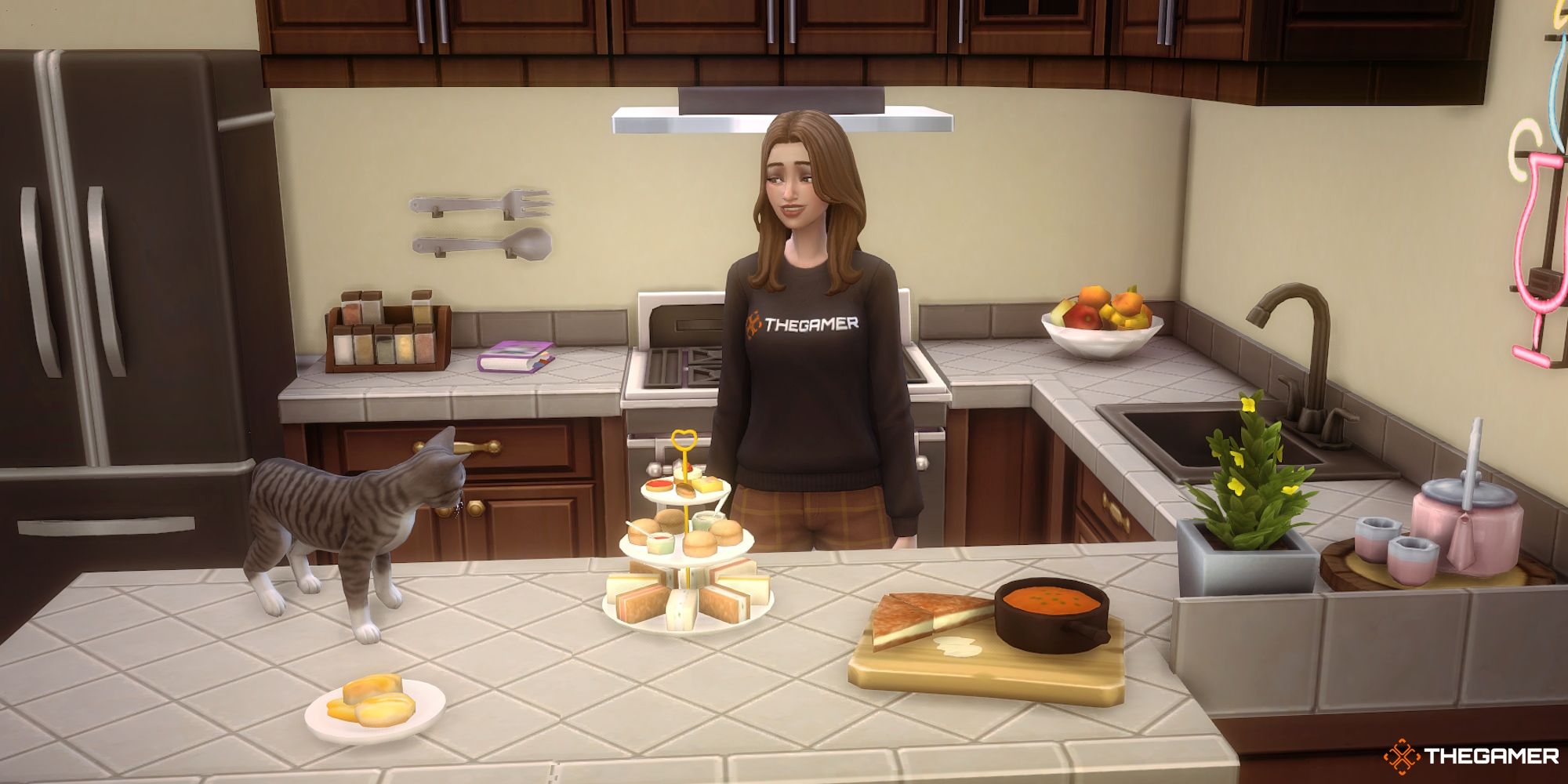 A Sim with their cat stands near dishes made with Grannie's Cookbook