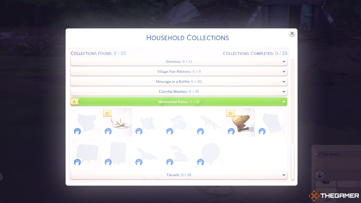 The Moonwood Relics Collection in the Household Collections menu