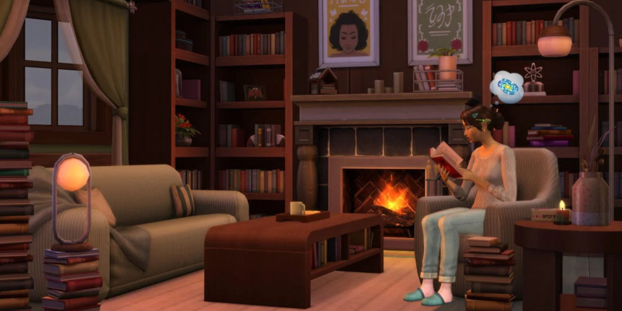 Sims 4 liest in einer Bücherecke