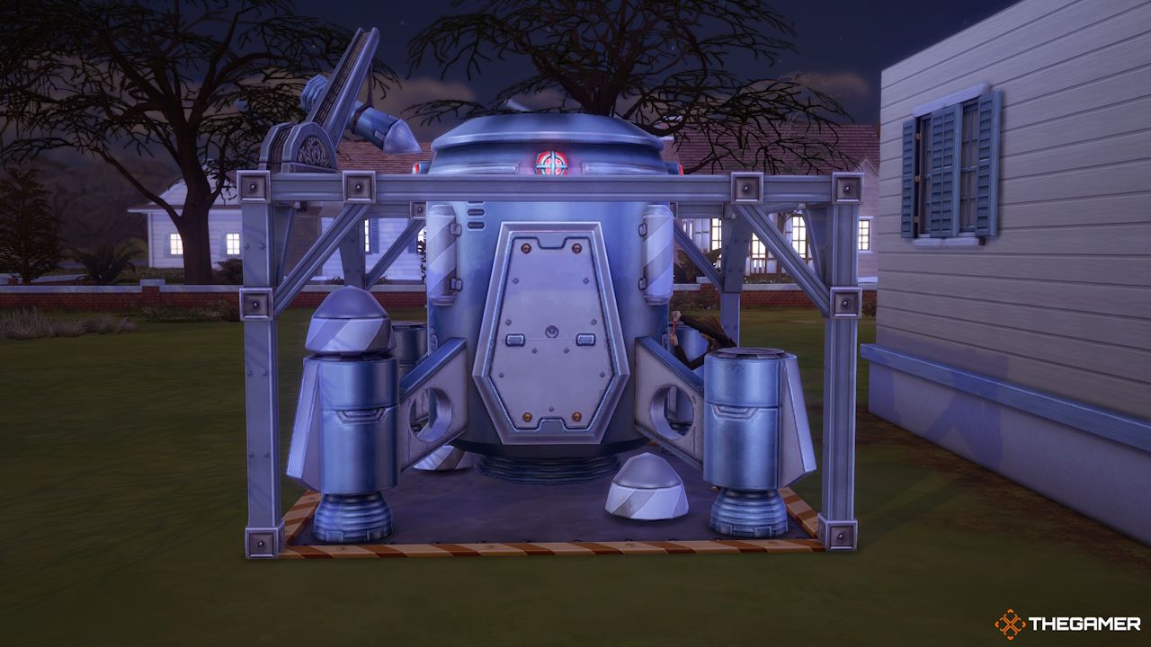 A Sim builds a rocketship at night outside